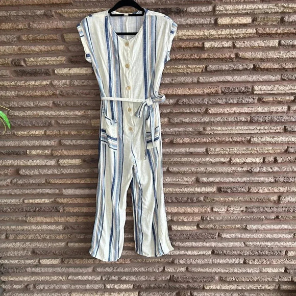 Monteau Los Angeles Blue Striped Linen Blend Casual Jumpsuit Size Medium - Picture 1 of 8